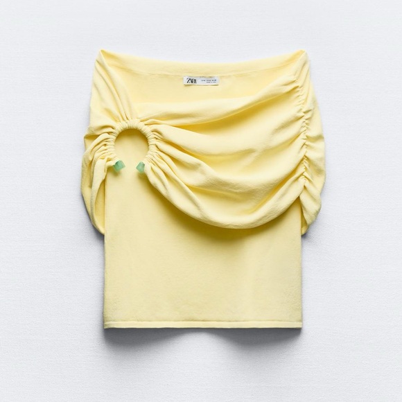 pastel yellow off the shoulder knit top with a blue stone buckle detail - Picture 3 of 4